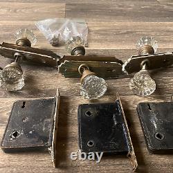 5 Antique 12 Point Crystal Glass 2 Door Knob Sets Brass Backplates Lock Sets