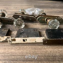 5 Antique 12 Point Crystal Glass 2 Door Knob Sets Brass Backplates Lock Sets