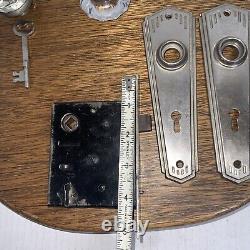ANTIQUE VTG ART DECO GLASS DOOR KNOB SET WITH PLATE AND MORTISE LOCK WithKey Works
