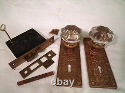 Antique 8 pt Glass Door Knob Set Mortise Lock with Key 3 sets avail. #843