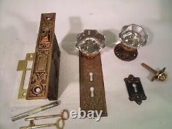 Antique BRILLIANT 8 pt Glass Door Knob Set Mortise Lock with 2 keys #885