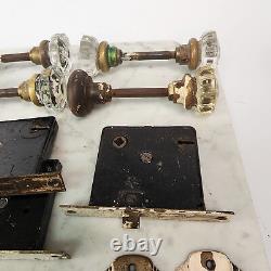 Antique Door Lock Hardware Lot Glass/Brass Knobs, Iron Escutcheons & Locks