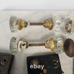Antique Door Lock Hardware Lot Glass/Brass Knobs, Iron Escutcheons & Locks