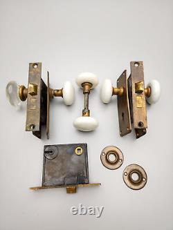 Antique Door Sets with Glass & Porcelain Knobs, Brass Escutcheons, Locks