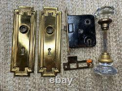 Antique Interior Mortise Lock #14, Glass Door Knobs & Brass Finish Door Plates