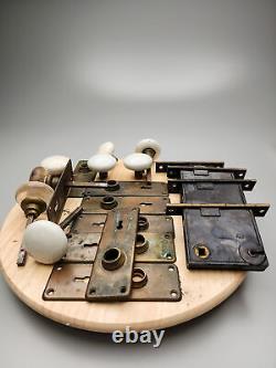 Antique Skeleton Key Door Locks, Brass Escutcheons, Glass Knobs 4 Sets