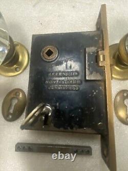 Antique corbin MORTISE LOCK with KEY / glass doorknobs/ rosettes