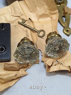 NOS Vtg Skillman Door Mortise Lock Set Brass Backplate 12 Pt Glass Knob Key #2