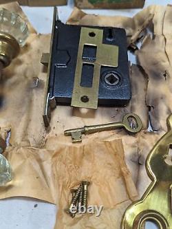 NOS Vtg Skillman Door Mortise Lock Set Brass Backplate 12 Pt Glass Knob Key #3