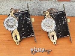 Pair Matching Antique Mortise Door Locks, Glass Knobs, Blackplates Skeleton Key