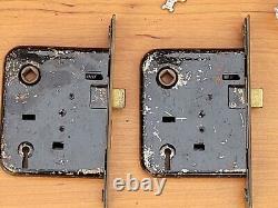 Pair Matching Antique Mortise Door Locks, Glass Knobs, Blackplates Skeleton Key
