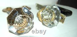 VINTAGE GLASS & BRASS DOOR KNOB WITH LOCK ASSEMBLY & hardware octagon 8 sided